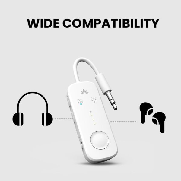 Avantree Relay - Premium Airplane Bluetooth 5.3 Adapter, Supports 2 AirPods or Headphones with aptX Adaptive, 3.5mm AUX Jack Wireless Audio Transmitter for Planes, Travel, TV (White) - Image 5