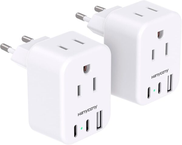 European Travel Plug Adapter for International, HANYCONY Italy Spain Power Adapter 2 Outlets 2 USB C Ports, Type C Adapter Travel Cruise Essentials for US to Most Europe France Germany EU, 2 Pack