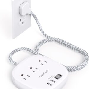 One Beat Flat Plug Power Strip, 5ft Flat Extension Cord, 3 Outlets 4 USB Ports (2 USB C) 22.5W/4.5A Desktop Charging Station Power Strip No Surge Protection, Cruise Ship Dorm Room Travel Essentials