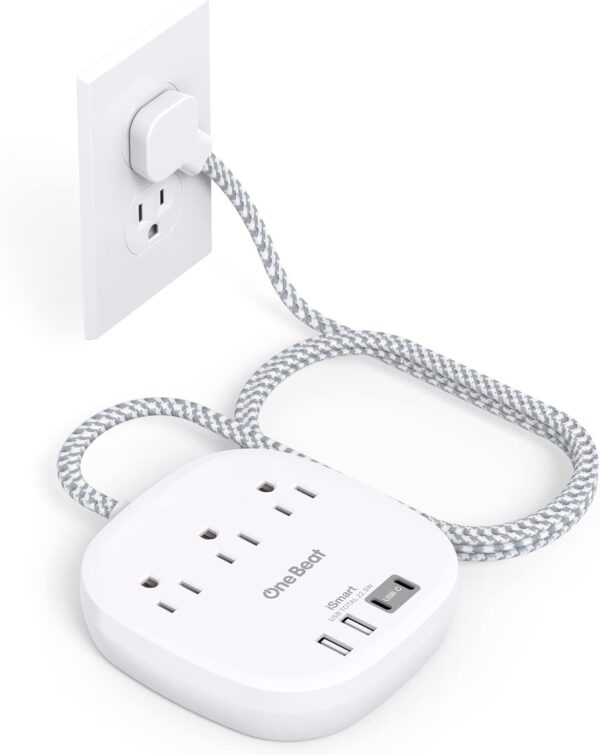 One Beat Flat Plug Power Strip, 5ft Flat Extension Cord, 3 Outlets 4 USB Ports (2 USB C) 22.5W/4.5A Desktop Charging Station Power Strip No Surge Protection, Cruise Ship Dorm Room Travel Essentials