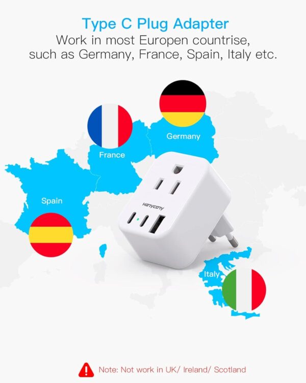 European Travel Plug Adapter for International, HANYCONY Italy Spain Power Adapter 2 Outlets 2 USB C Ports, Type C Adapter Travel Cruise Essentials for US to Most Europe France Germany EU, 2 Pack - Image 6