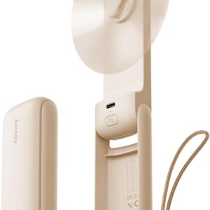 Aecooly Slim Portable Fan, Thin Handheld Fan, USB Rechargeable Mini Personal [17H Max Cooling Time], Battery Powered Small Foldable Pocket for Travel, Summer, Gifts for Women, Girls -Beige