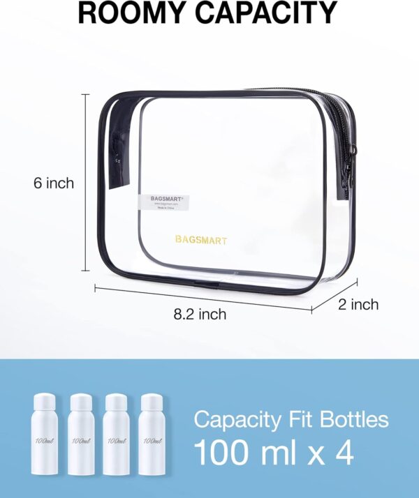 BAGSMART Clear Toiletry Bag, 2 Packs TSA Approved Water resistant Quart Size Travel Organizer, Airport Airline Travel Essential Carry On Makeup Cosmetic Bags for Women, Black - Image 3