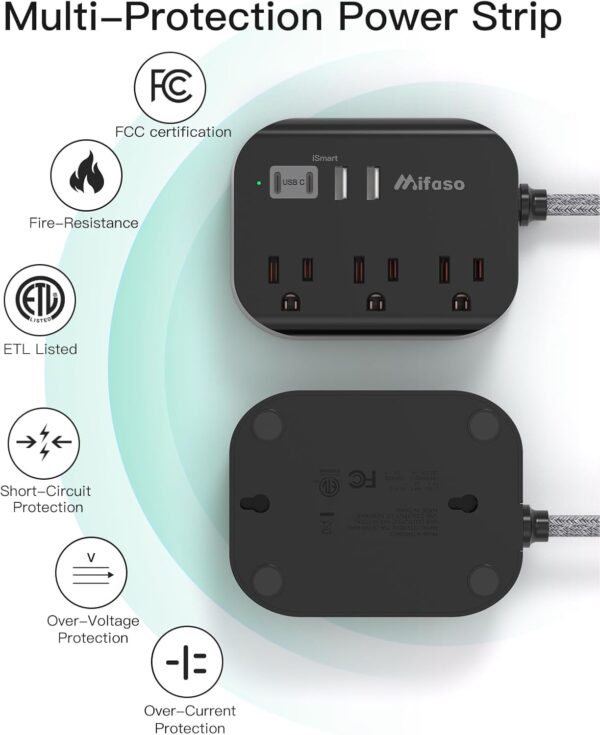 Cruise Ship Essentials - Mifaso Power Strip with USB, Mountable Flat Plug Power Strip with 3 Outlets 4 USB Ports(Smart 3.1A), 5ft Braided Extension Cord, Compact for Cruise Ship, Travel, Home, Dorm - Image 7