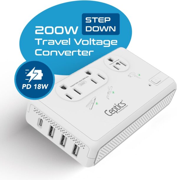 Ceptics 2000W Travel Voltage Converter for Hair Dryer & 200W Convert 220V to 110V for Curling Iron, Straightener, Chargers, Step Down World Power 4 USB Charging QC 3.0 SWadApt Type A, B, C, E/F, G, I - Image 2