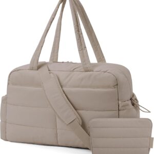 BAGSMART Travel Duffle Bag Gym Bag for Women, 31L Puffer Tote Bag Quilted Laptop Carry on, Weekender Overnight Bag Organizer Duffel Bag for Travel, Khaki
