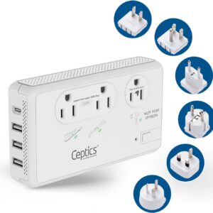 Ceptics 2000W Travel Voltage Converter for Hair Dryer & 200W Convert 220V to 110V for Curling Iron, Straightener, Chargers, Step Down World Power 4 USB Charging QC 3.0 SWadApt Type A, B, C, E/F, G, I