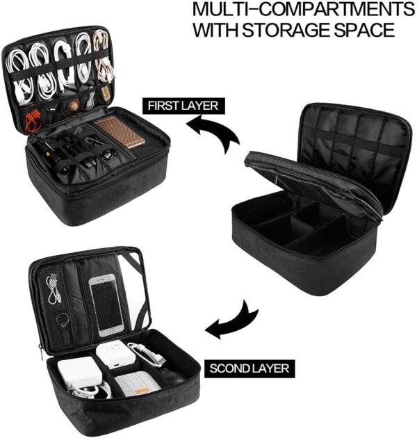 Travel Electronics Organizer, Waterproof Cable Organizer Bag for Electronic Accessories Double Layer Large Shockproof Cable Storage Bag for Cord, Power Bank, Tablet(Up to iPad 11 inch) - Black - Image 3