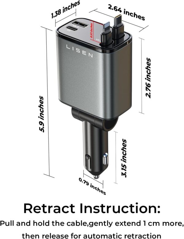 LISEN Retractable Car Charger, Mothers Day for Gifts, 69W USB C Car Accessories Adapter for iPhone 16 USBC Charger Fast Charging, Travel Essentials for Women Men, Road Trip Essentials for iPhone 16 15 - Image 6