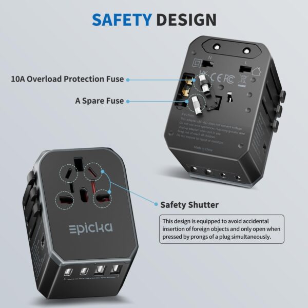 EPICKA Universal Travel Adapter, International Power Plug Adapter with 3 USB-C and 2 USB-A Ports, All-in-One Worldwide Wall Charger for USA EU UK AUS (TA-105C, Black) - Image 5