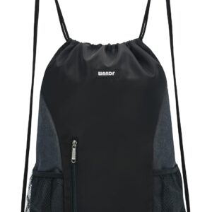 WANDF Drawstring Backpack Sports Gym Sackpack with Mesh Pockets Water Resistant String Bag for Women Men(Black)