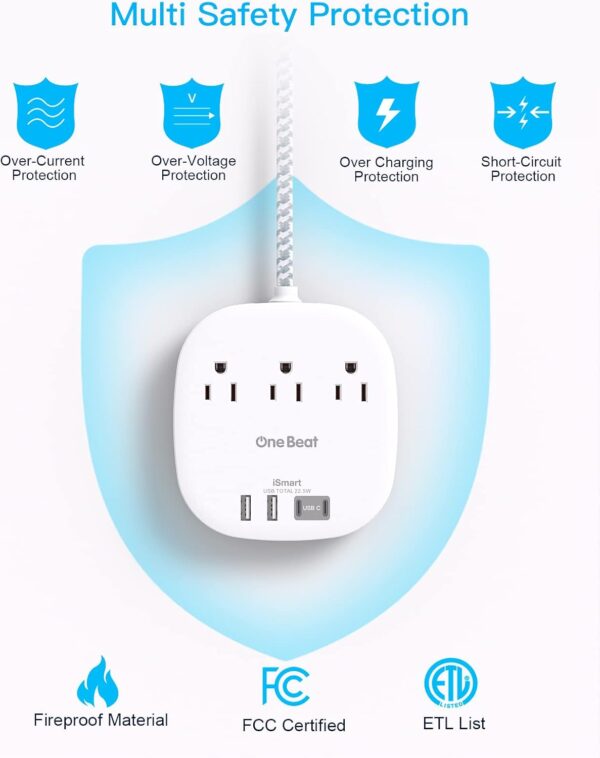 One Beat Flat Plug Power Strip, 5ft Flat Extension Cord, 3 Outlets 4 USB Ports (2 USB C) 22.5W/4.5A Desktop Charging Station Power Strip No Surge Protection, Cruise Ship Dorm Room Travel Essentials - Image 7