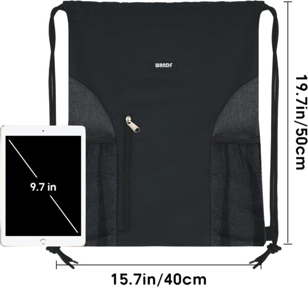 WANDF Drawstring Backpack Sports Gym Sackpack with Mesh Pockets Water Resistant String Bag for Women Men(Black) - Image 5