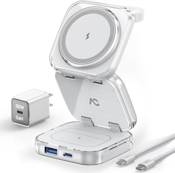 Wireless Charger for MagSafe, AC Island 5-in-1 Portable Travel Charging Station, 15W Max Fast Foldable Magnetic Stand, Evolved for iPhone 16/15/14/13 Series, Apple Watch, AirPods (with 35W Adapter)