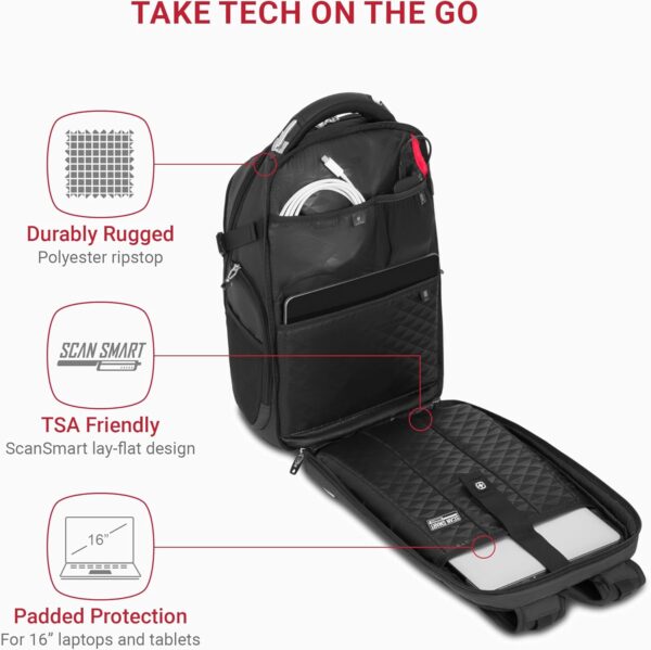 SwissGear Travel Tech Elite Laptop Backpack – Fits Laptops up to 16” – ScanSmart TSA-Friendly Backpack with USB Port, Shoe Compartment & Organizer Pockets – Heather Grey - Image 2