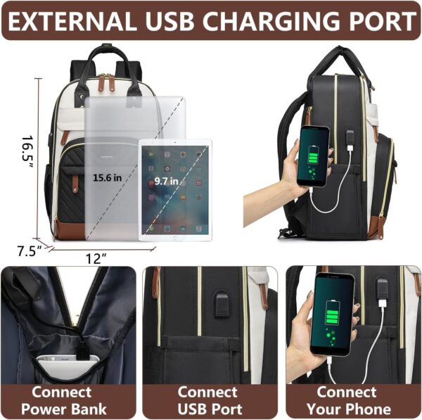 Laptop Backpack for Women Bag - 15.6 inch Work Travel Backpack with USB Charger College Bookbag Waterproof Business Computer Backpack Anti-theft Casual Backpacks for Nurse Teacher Beige Black Brown - Image 4