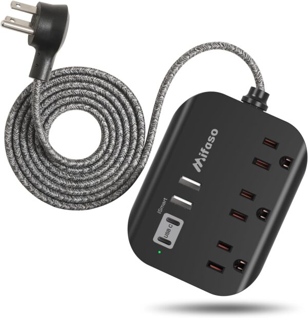 Cruise Ship Essentials - Mifaso Power Strip with USB, Mountable Flat Plug Power Strip with 3 Outlets 4 USB Ports(Smart 3.1A), 5ft Braided Extension Cord, Compact for Cruise Ship, Travel, Home, Dorm