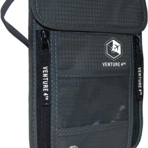 VENTURE 4TH Passport Holder Neck Wallet with RFID Blocking Nylon Lining - Hidden Neck Pouch for Travel (Gray)