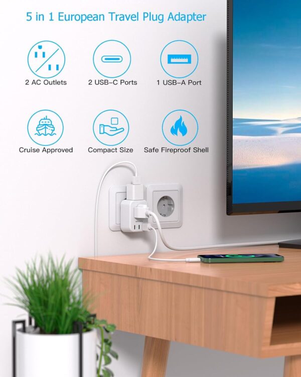 European Travel Plug Adapter for International, HANYCONY Italy Spain Power Adapter 2 Outlets 2 USB C Ports, Type C Adapter Travel Cruise Essentials for US to Most Europe France Germany EU, 2 Pack - Image 2
