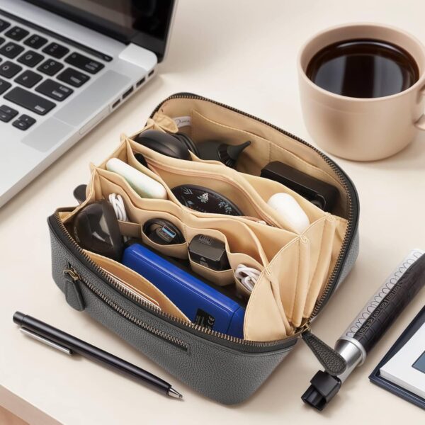 Electronic Organizer Travel Case, Portable Waterproof PU Leather Tech Pouch, Accessories Storage Bag, Compact Travel Cord Organizer for Cable, Charger, Phone, Earbuds (3L Black) - Image 2
