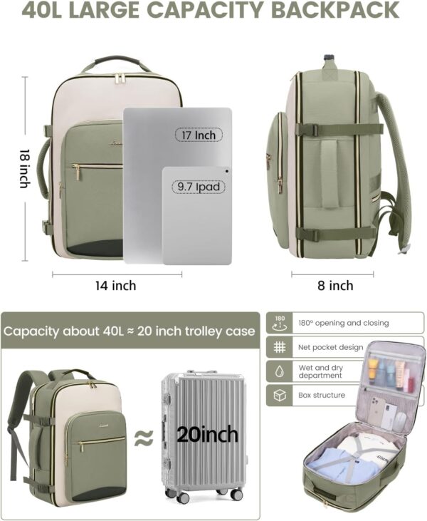 LOVEVOOK 40L Travel Backpack for Women & Men, Large Carry on Backpack for Airplanes with 3 Packing Cubes, TSA Personal Item Travel Bag fits 17" Laptop, Waterproof Weekender Essentials Airline Approved - Image 5
