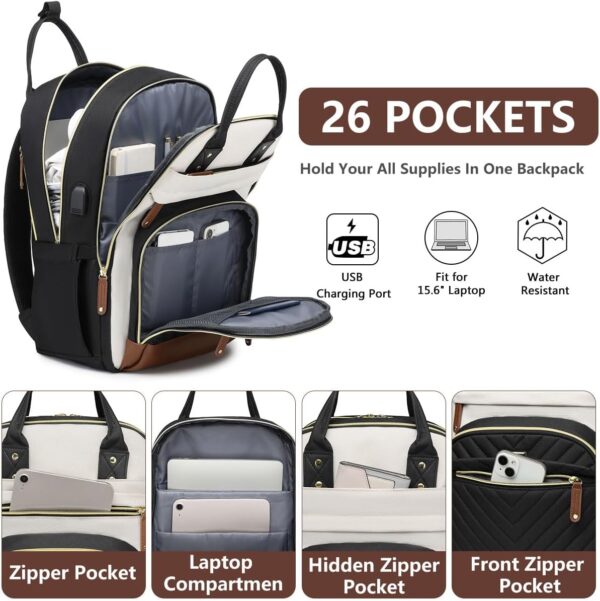 Laptop Backpack for Women Bag - 15.6 inch Work Travel Backpack with USB Charger College Bookbag Waterproof Business Computer Backpack Anti-theft Casual Backpacks for Nurse Teacher Beige Black Brown - Image 2