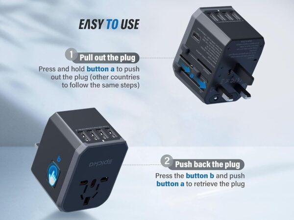 EPICKA Universal Travel Adapter, European Travel Plug Adapter - International Power Adapter Worldwide Charger with USB-C & 4 USB Ports, Travel Essentials for Italy, Japan, Europe, UK (TA-105, Grey) - Image 3