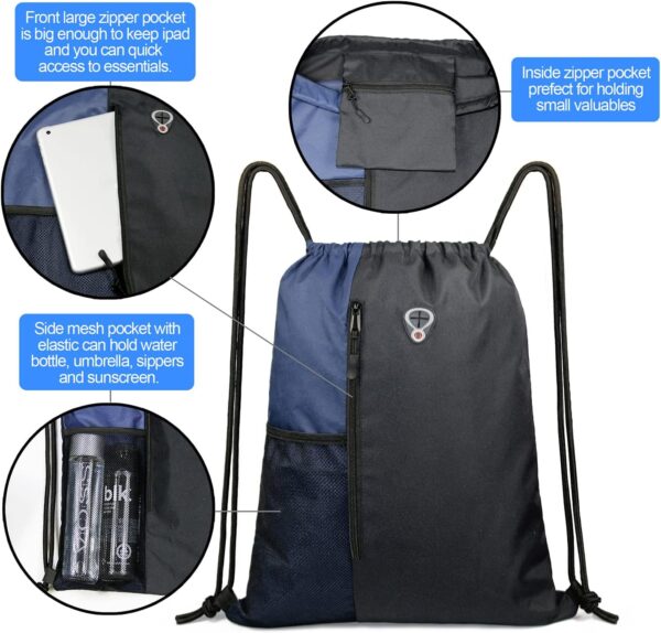 Drawstring Backpack Sports Gym Bag for Women Men Large Size With Two Zipper Pockets and Water Bottle Mesh Pockets - Image 4