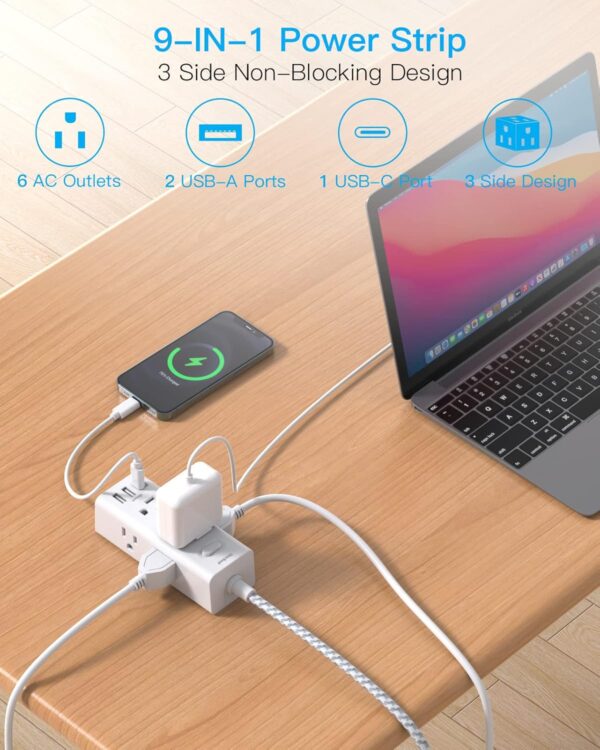 Power Strip Surge Protector - One Beat 6 Widely Outlets with 3 USB Ports (1 USB C), 5 Ft Extension Cord Flat Plug, Wall Mount Outlet Extender Small Power Strip for Travel Home Office College Dorm Room - Image 2