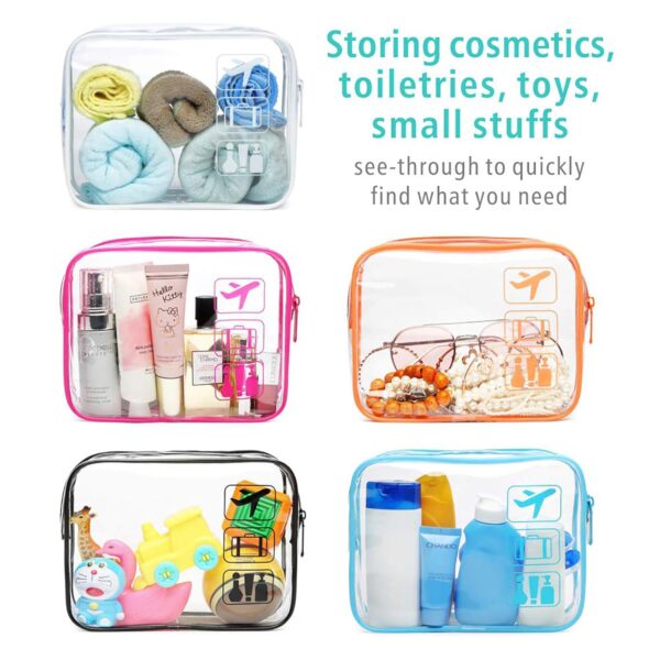 F-color TSA Approved Toiletry Bag - 5 Pack Clear Toiletry Bags Quart Size Travel Bag, Clear Cosmetic Makeup Bags for Women Men, Carry on Airport Airline Compliant Bag, 5 Colors(for age 12 or above) - Image 4