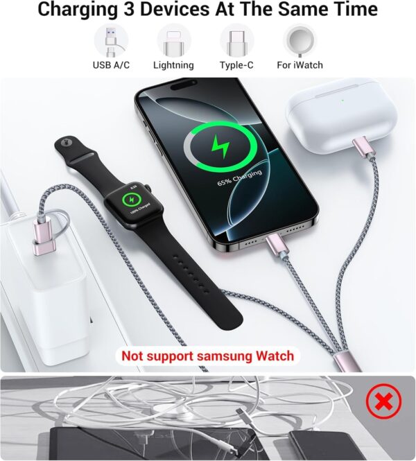 Temdan for Apple Watch Charger,3 in 2 USB C Cable for iPhone 16 Charger/Type C/Lightning,Multi Charging Cable Cord,Portable Travel Essentials Designed for iWatch Ultra/SE/10-1&iPhone 16-12-4FT - Image 4