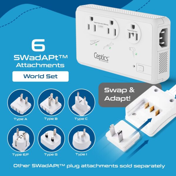 Ceptics 2000W Travel Voltage Converter for Hair Dryer & 200W Convert 220V to 110V for Curling Iron, Straightener, Chargers, Step Down World Power 4 USB Charging QC 3.0 SWadApt Type A, B, C, E/F, G, I - Image 4