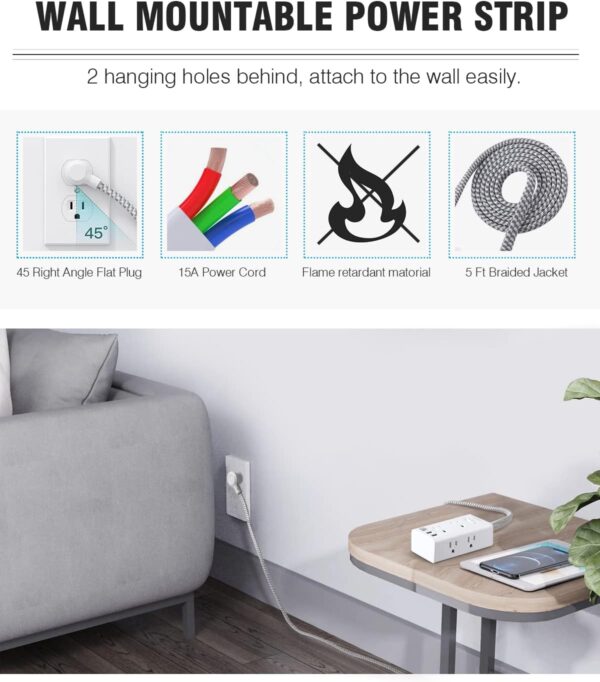 Power Strip Surge Protector - One Beat 6 Widely Outlets with 3 USB Ports (1 USB C), 5 Ft Extension Cord Flat Plug, Wall Mount Outlet Extender Small Power Strip for Travel Home Office College Dorm Room - Image 8