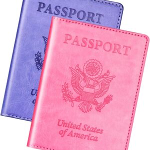 Herain Passport Holder Cover Wallet Case for 2 Women Men Family, Passport Book Holders Covers Wallets Travel Must Haves Cruise Ship Essentials (pink & purple)