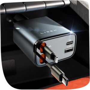 LISEN Retractable Car Charger, Mothers Day for Gifts, 69W USB C Car Accessories Adapter for iPhone 16 USBC Charger Fast Charging, Travel Essentials for Women Men, Road Trip Essentials for iPhone 16 15