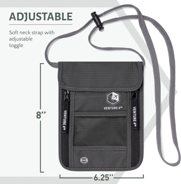 VENTURE 4TH Passport Holder Neck Wallet with RFID Blocking Nylon Lining - Hidden Neck Pouch for Travel (Gray) - Image 2