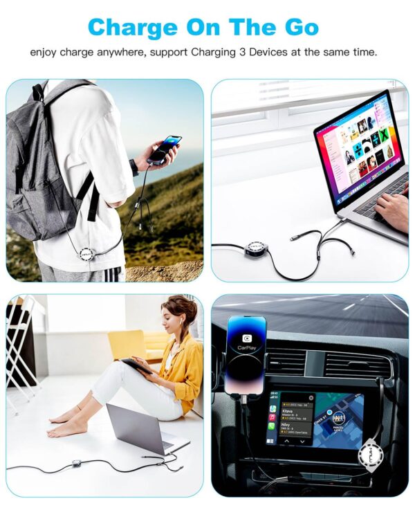 Multi Charging Cable 3A, [2Pack 4ft] Retractable Multi Charging Cord 3 in 1 Fast Charger Cord, Multi Charger Adapter with Lightning/Type C/Micro USB Ports for Cell Phones/iPhone/Samsung/PS/Tablets - Image 5
