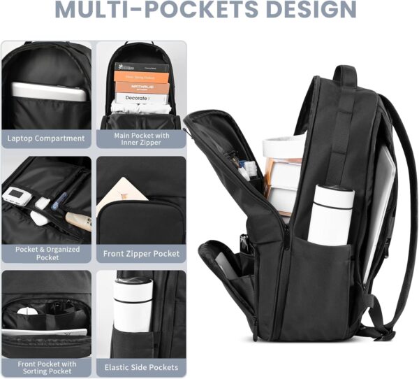 Mens Work Backpack, Black Backpack for Men Women, Bookbag for Men, Book Bag for School Teens, Travel Laptop Backpack Fits 15.6 Inch Notebook, Water Resistant Back Pack with Luggage Strap (Black) - Image 3