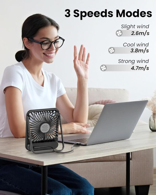 Koonie USB Desk Fan, Strong Wind Ultra Quiet Small Personal Fan with 180° Tilt Folding and 3 Speeds Adjustable, USB-C Corded Powered Mini USB Fan for Office Desktop Bedroom, NO BATTERY - Image 6