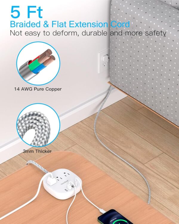 One Beat Flat Plug Power Strip, 5ft Flat Extension Cord, 3 Outlets 4 USB Ports (2 USB C) 22.5W/4.5A Desktop Charging Station Power Strip No Surge Protection, Cruise Ship Dorm Room Travel Essentials - Image 6