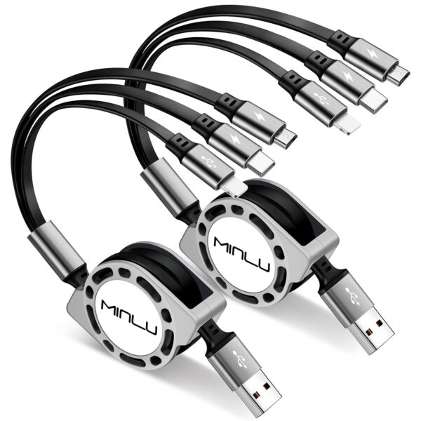Multi Charging Cable 3A, [2Pack 4ft] Retractable Multi Charging Cord 3 in 1 Fast Charger Cord, Multi Charger Adapter with Lightning/Type C/Micro USB Ports for Cell Phones/iPhone/Samsung/PS/Tablets