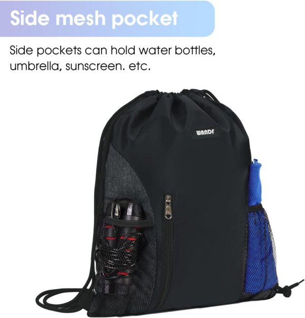 WANDF Drawstring Backpack Sports Gym Sackpack with Mesh Pockets Water Resistant String Bag for Women Men(Black) - Image 4
