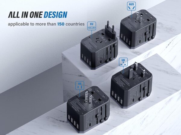 EPICKA Universal Travel Adapter, European Travel Plug Adapter - International Power Adapter Worldwide Charger with USB-C & 4 USB Ports, Travel Essentials for Italy, Japan, Europe, UK (TA-105, Grey) - Image 4