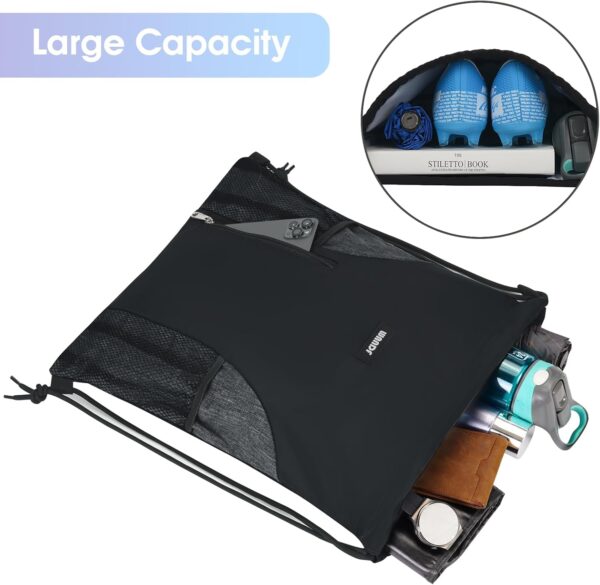 WANDF Drawstring Backpack Sports Gym Sackpack with Mesh Pockets Water Resistant String Bag for Women Men(Black) - Image 2