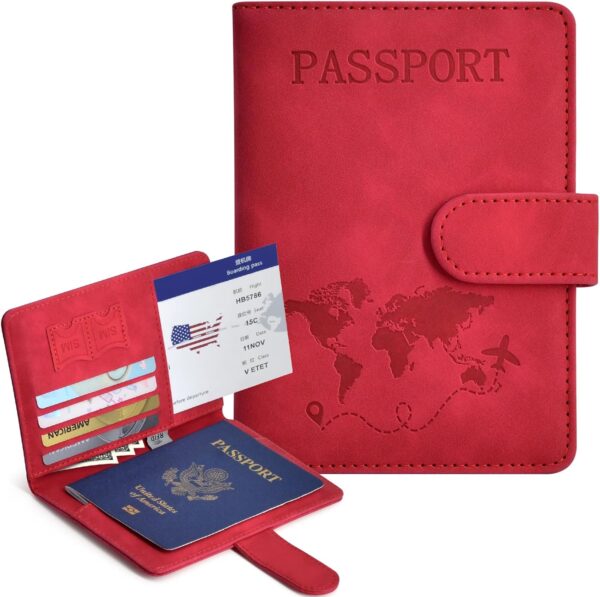 Passport Holder, Passport Cover with Credit Card Slot and Boarding Pass Slot Combo, Passport Wallet Case Book Travel Must Have, RFID Blocking Leather Travel Accessories, Red - Image 2