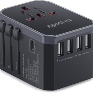 EPICKA Universal Travel Adapter, European Travel Plug Adapter - International Power Adapter Worldwide Charger with USB-C & 4 USB Ports, Travel Essentials for Italy, Japan, Europe, UK (TA-105, Grey)