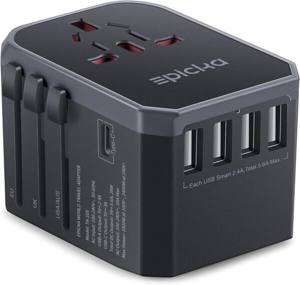 EPICKA Universal Travel Adapter, European Travel Plug Adapter - International Power Adapter Worldwide Charger with USB-C & 4 USB Ports, Travel Essentials for Italy, Japan, Europe, UK (TA-105, Grey)