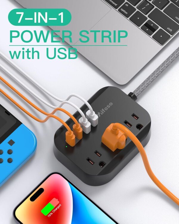 Cruise Ship Essentials - Mifaso Power Strip with USB, Mountable Flat Plug Power Strip with 3 Outlets 4 USB Ports(Smart 3.1A), 5ft Braided Extension Cord, Compact for Cruise Ship, Travel, Home, Dorm - Image 2