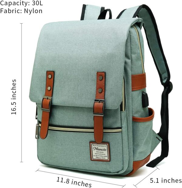 Mancio Vintage Laptop Backpack with USB Charging Port, Slim Tear Resistant Business Backpack for Travelling, College, Casual Daypacks for Men,Women, Fits up to 15.6Inch Notebook, Green - Image 2