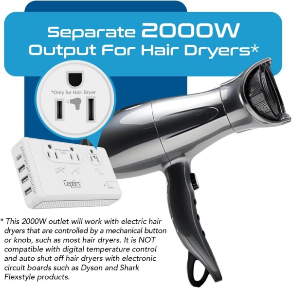 Ceptics 2000W Travel Voltage Converter for Hair Dryer & 200W Convert 220V to 110V for Curling Iron, Straightener, Chargers, Step Down World Power 4 USB Charging QC 3.0 SWadApt Type A, B, C, E/F, G, I - Image 3